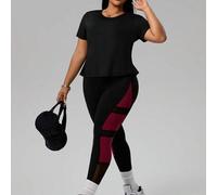 Shein Conjunto deportivo casual de 3 piezas para mujer: Camiseta corta de cuello redondo con empalme de malla y sujetador desmontable, Leggings de malla con