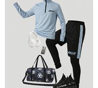 Shein Conjunto deportivo casual para niño preadolescente, cuello alto, media cremallera, manga larga azul, pantalones largos negros 2 en 1 anti-exposición,