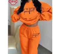 Shein Conjunto deportivo de dos piezas para mujer, sudadera 100 % algodón con estampado gráfico de eslogan de actitud informal "No soy perfecta", conjunto c