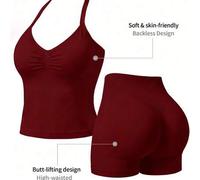 Shein Conjunto deportivo de fitness y yoga para mujer de 2 piezas: top corto de color liso con cuello halter fruncido + shorts de cintura alta con efecto le