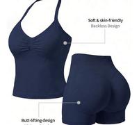 Shein Conjunto deportivo de fitness y yoga para mujer de 2 piezas: top corto de color liso con cuello halter fruncido + shorts de cintura alta con efecto le
