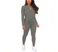 Shein Conjunto deportivo de mujer con top de manga larga de cuello redondo y pantalones ajustados de un solo color, para primavera y otoño