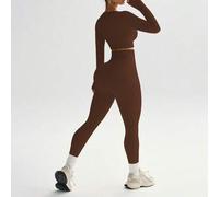 Shein Conjunto deportivo de mujer de un solo color, cuello redondo, alta elasticidad. Conjunto de yoga marrón de primavera/otoño, conjunto de dos piezas mar