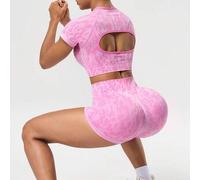 Shein Conjunto deportivo sin costuras para mujer con top corto sin espalda y shorts de ciclismo con estampado completo