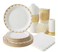 Shein Conjunto desechable de plato, servilleta y taza con adorno blanco y dorado, adecuado para 25 invitados, platos de papel de un solo uso como suministro