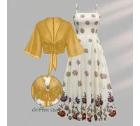 Shein Conjunto elegante de 2 piezas para mujer con vestido de estampado floral de gasa y prenda exterior, estilo romántico casual para vacaciones en la play