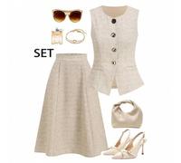 Shein Conjunto elegante de 2 piezas para mujer en beige de verano, chaleco y falda línea A, traje de tweed con tacto de lino para negocios casual, trabajo,