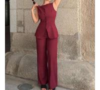 Shein Conjunto elegante de chaleco de cuello redondo de un solo botonadura y pantalones de unicolor para uso urbano de las mujeres, ropa de mujer para veran
