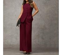 Shein Conjunto elegante de chaleco de cuello redondo de un solo botonadura y pantalones de unicolor para uso urbano de las mujeres, ropa de mujer para veran
