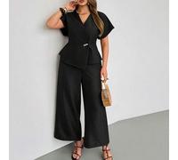 Shein Conjunto elegante de unicolor con top con cuello en V acampanado y pantalones alargados, adecuado para la temporada de regreso a la escuela, salidas d