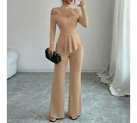 Shein Conjunto elegante y sexy de 2 piezas para mujer, ideal para fiestas, citas o ir a la oficina en otoño/invierno - Blusa de manga larga con cuello halte