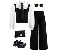 Shein Conjunto formal de traje para niñas preadolescentes, con estilo elegante de caballero que incluye camisa abotonada y pantalones de vestir, perfecto pa