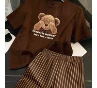 Shein Conjunto informal de 2 piezas de camiseta de manga corta con estampado de letra y oso de dibujos animados, y shorts a rayas para mujer