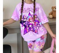 Shein Conjunto informal de 2 piezas de camiseta de manga corta y pantalones cortos con estampado de grupo de chicas de K-pop de dibujos animados degradado p