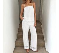 Shein Conjunto informal de 2 piezas de estilo "old money" para mujer, con top de algodón de encaje bicolor y pantalones, ropa de mujer de estilo bohemio par