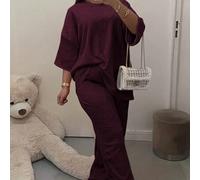 Shein Conjunto informal de 2 piezas de talla grande para mujer de camiseta holgada de un solo color y pantalones largos para primavera/verano