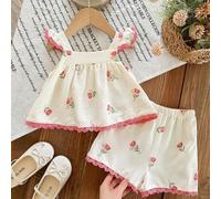 Shein Conjunto informal de 2 piezas de top con cuello de volantes y shorts con estampado floral pequeño para niña bebé