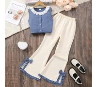 Shein Conjunto informal de 2 piezas para niñas preadolescentes con top sin mangas con cuello Peter Pan y pantalones anchos de pierna suelta, para primavera/