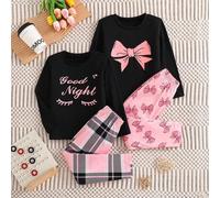 Shein Conjunto informal de 4 piezas de ropa de estar en casa para niñas de moda, experiencia de moda de pijama rosa con lazo "Buenas noches", conjunto multi