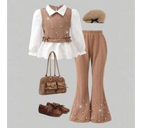 Shein Conjunto informal de camisa para niñas, diseño de lazo caqui, con cuentas, tejido texturizado, parche de tejido, blusa de manga larga con cuello y vol