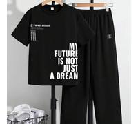 Shein Conjunto informal de camiseta de manga corta con cuello redondo y estampado de letras, y pantalones rectos de pierna suelta hasta la pantorrilla para
