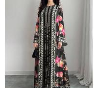 Shein Conjunto informal de estilo árabe con estampado de flores y plantas con silueta a rayas de manga larga para mujer, primavera/otoño