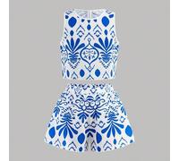 Shein Conjunto informal de niña preadolescente con top corto de cuello redondo de manga corta con estampado floral y shorts estampados