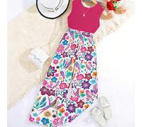 Shein Conjunto informal de niña preadolescente con top de tirantes de unicolor y pantalones de pierna ancha con estampado floral