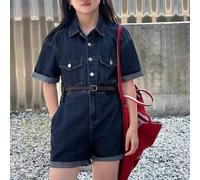 Shein Conjunto informal de niña preadolescente - Peto corto de jean de manga corta y pantalón tipo peto