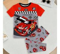 Shein Conjunto informal de pantalón largo y top de manga corta y cuello redondo acogedor con estampado gráfico de cultura de carreras, ropa de estar en casa