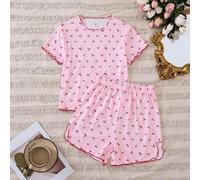 Shein Conjunto informal de ropa para el hogar para niña preadolescente con estampado de cerezas en rosa, con camiseta de manga corta y shorts