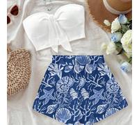 Shein Conjunto informal de top corto y shorts con estampado pintado a mano de conchas marinas azules, conjunto de 2 piezas de playa de verano para mujeres