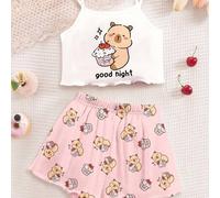 Shein Conjunto informal de top tipo camiseta y shorts a juego con estampado de tarta con capibara, ideal para chicas preadolescentes en plan relajado de ver