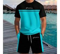 Shein Conjunto informal de verano para hombres de 2 piezas, bloque de color negro y azul, camiseta de manga corta con estampado de la palabra "Libertad" + p
