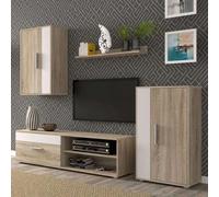 Shein Conjunto Muebles Salón Kolm Blanco/Sonoma con Mueble TV 140 cm, 3 Puertas, 2 Estantes, 1 Armario Superior 50 cm, 1 Armario Inferior 50 cm, 1 Repisa Pe