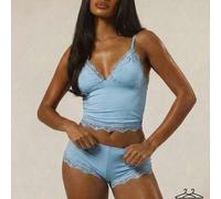 Shein Conjunto multipaquete de top camisola con busto triangular, ribete de encaje y tirantes ajustables, y bóxer ajustado tipo boyshort, ropa interior cómo