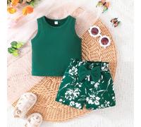 Shein Conjunto para bebé niña con top tipo tanque con detalle de lazo y shorts de patrón floral estampado, nuevos y de moda para verano