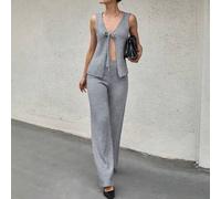 Shein Conjunto tejido de 2 piezas con chaleco sin mangas con escote en V y lazo al frente, de hilo mezclado, y pantalones anchos y holgados de punto de cabl
