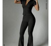 Shein Conjunto Urban Cool Hot Girl, Chaqueta Corta con Cremallera que Define la Cintura, Combinada con Pantalones Acampanados de Cintura Alta Elegantes, Cha