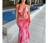 Shein Conjunto veraniego de mujer con top corto de cuello drapeado en efecto tie-dye y falda de volantes de estilo sirena. Atuendo de verano, ropa de playa,