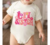 Shein Conjuntos a juego, Estampado de carita sonriente, flores y letras "LITTLE SISTER", Pelele informal minimalista para bebé niña recién nacida, Adecuado