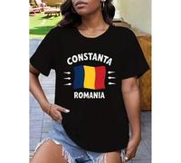 Shein Constanta With Romanian Flag Women's Plus Size Sports Short Sleeve Casual T-ShirtLoose Round Neck Short Sleeve T-Shirt Comfortable Summer Printed T-