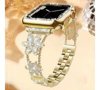 Shein Correa de reloj con flor de crisantemo dorado y diamantes completos compatible con Apple Watch Band 38/40/41/42/44/45/46/49mm, correa de cadena de luj