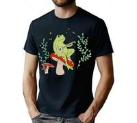 Shein Cottagecore Aesthetic Black Cute Frog Playing Banjo on Mushroom Retro Printed Men's T-Shirt, Comfortable Cotton Short-Sleeve Top for Everyday Casual W