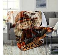 Shein Cozy Halloween Flannel Throw Blanket with Scarecrow & Pumpkin Design - Soft, Warm, and Allergy-Friendly for Couch, Bed, Office - Perfect Gift for Holi