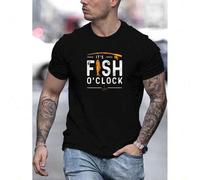 Shein Creative IT'S FISH O'CLOCK Graphic Print, Men's Crew Neck Short Sleeve T-shirt, Casual Comfy Fit Top For Summer Tee For Adult, Men, Women, Teen, Teena