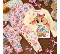 Shein Crema amarillo y crema rosa, estampado vintage dulce y lindo de cachorrito, gráfico floral con lazo arcoíris, chándal con vibra otoñal, pijamas con es