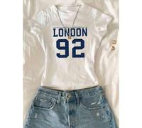 Shein Crop tops con patrón numérico "Londres '92", camiseta gráfica de verano Y2K de ajuste ceñido para mujer, cuello redondo, manga corta, generación Z, ca