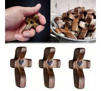 Shein Cruz de bolsillo de corazón de madera para oración, regalo religioso para la iglesia, Pascua, alivio del estrés, cruz para dedos inspiradora "Dios est