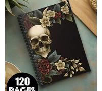 Shein Cuaderno/Diario de espiral de 120 páginas con estilo gótico - Útiles de oficina mágicos, negro con patrón de calavera floral, ideal para viajes, escri